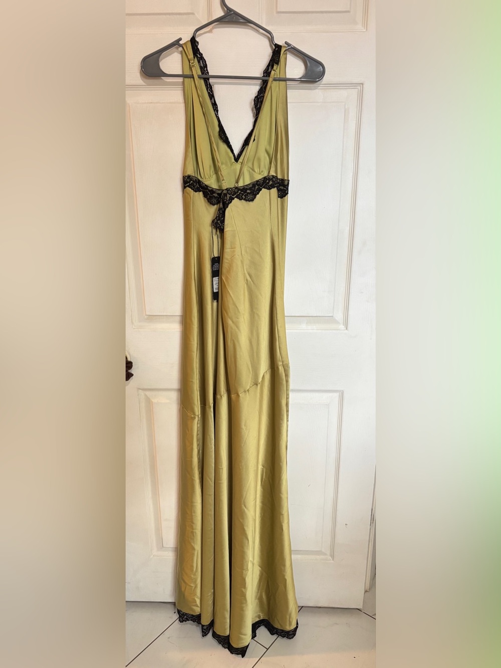 Fashion Nova Olive Green Maxi Skirt with Black Lace Trim
